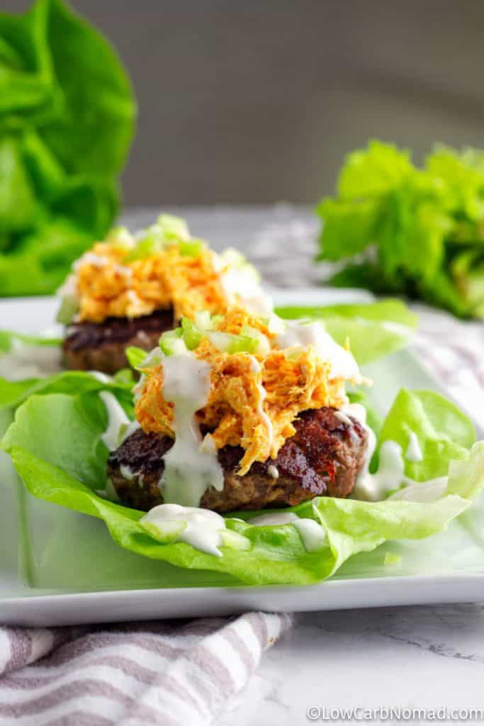 low carb buffalo burgers on a white plate