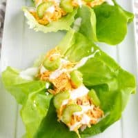 2 buffalo chicken lettuce wraps on a platter