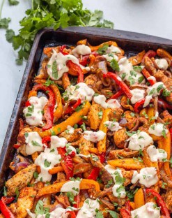 sheet pan keto chicken fajitas on a sheet pan