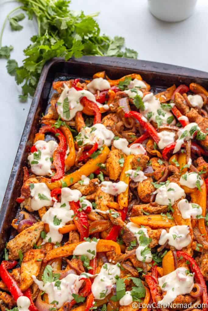 sheet pan keto chicken fajitas on a sheet pan