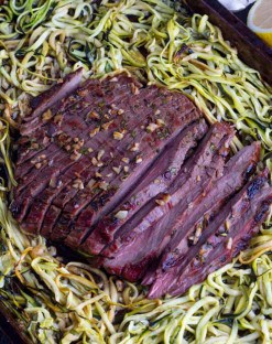 cooked sheet pan oven baked steak recipe with zucchini noodles on a baking sheet