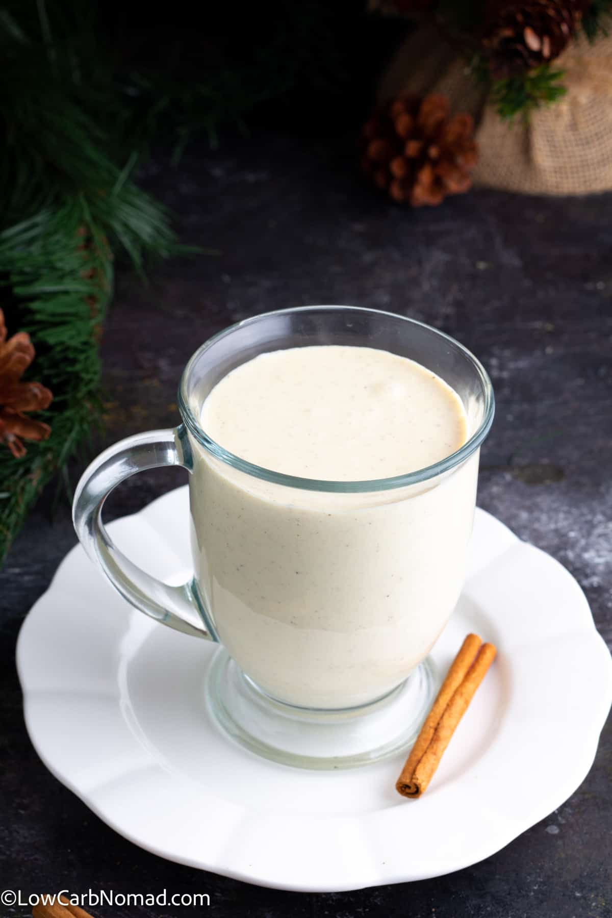 overhead photo of Sugar Free Low Carb Keto Eggnog in a glass
