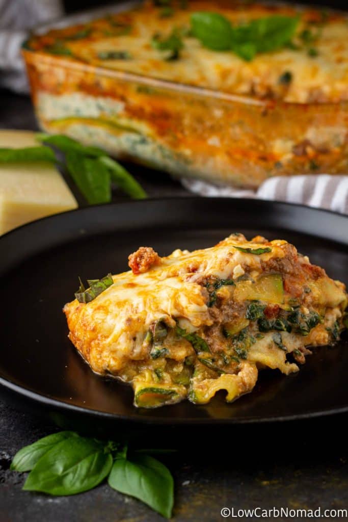 Serving of Zucchini-Lasagna served on a black plate