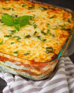 close up photo of zucchini lasagna in a baking dish