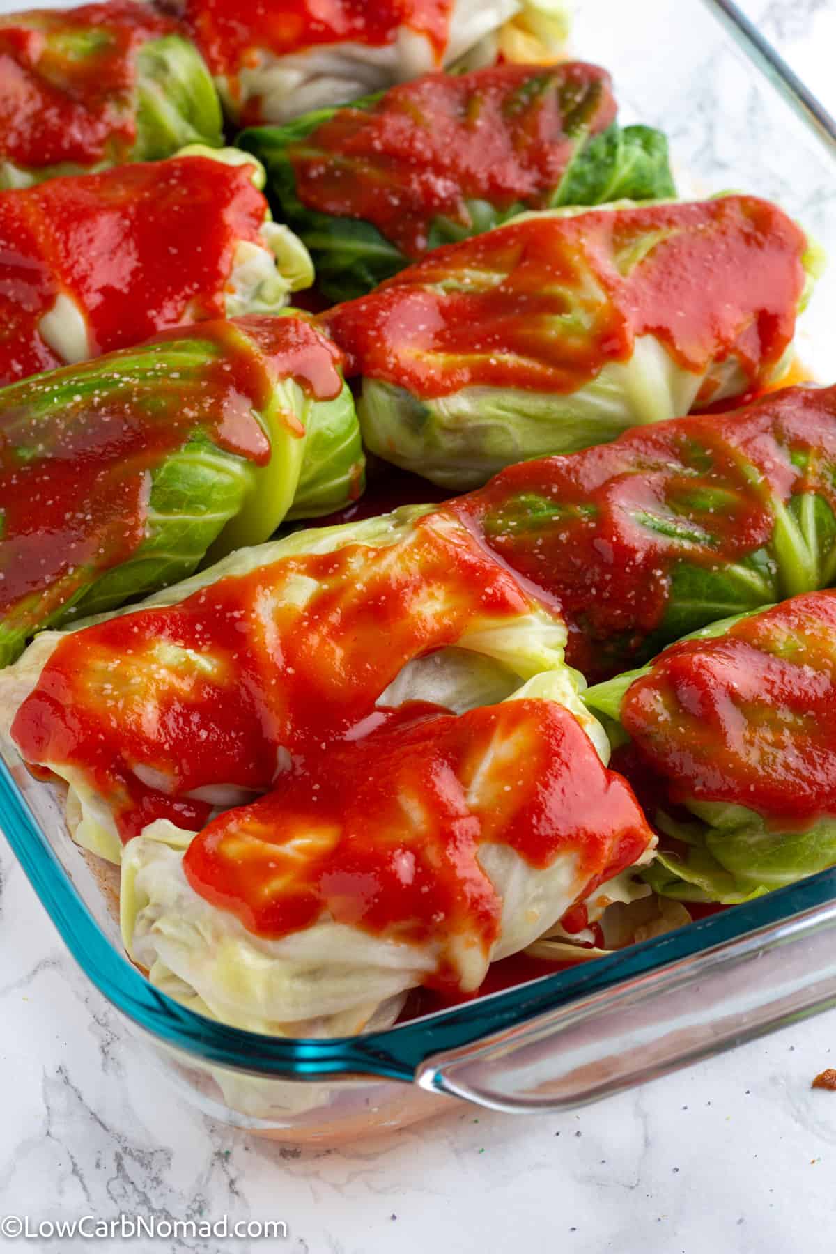 low carb cabbage rolls in a baking dish