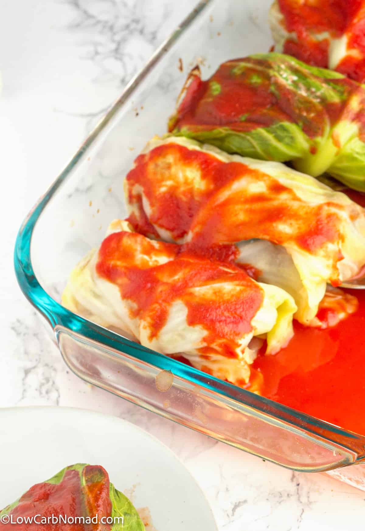 keto cabbage rolls in a baking dish