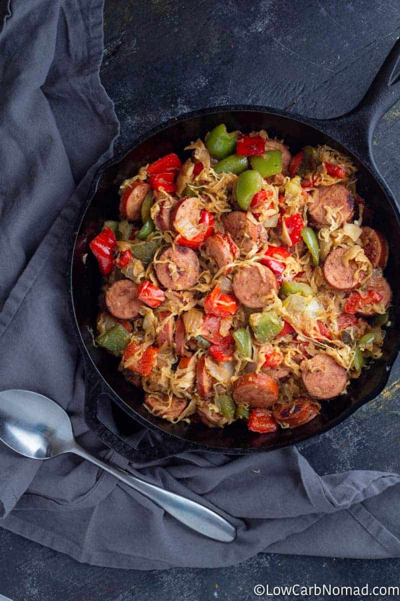 overhead view of finished sausage dish