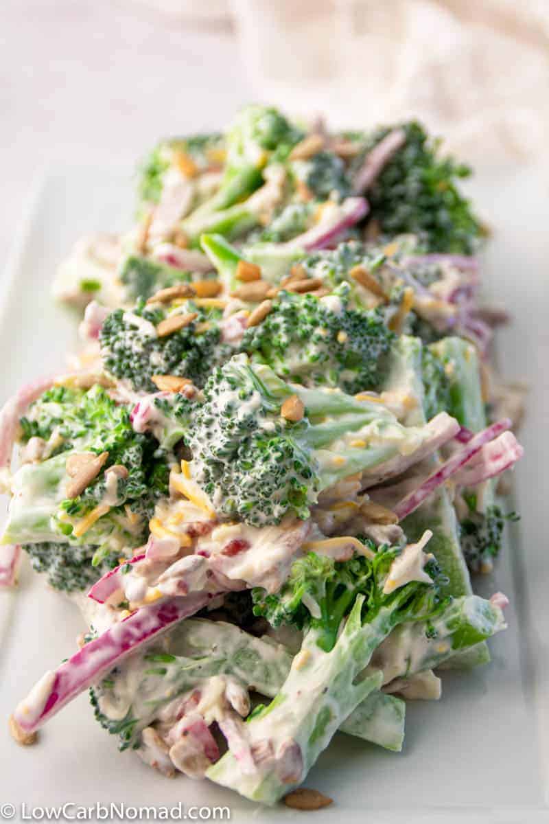 Broccoli Salad with Bacon on a white serving dish