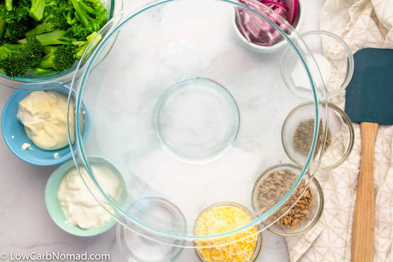 Broccoli Salad with Bacon ingredients in a bowl