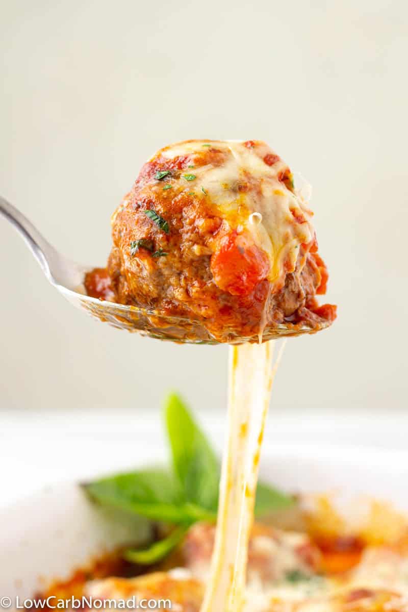 Low Carb Meatball on a serving spoon.