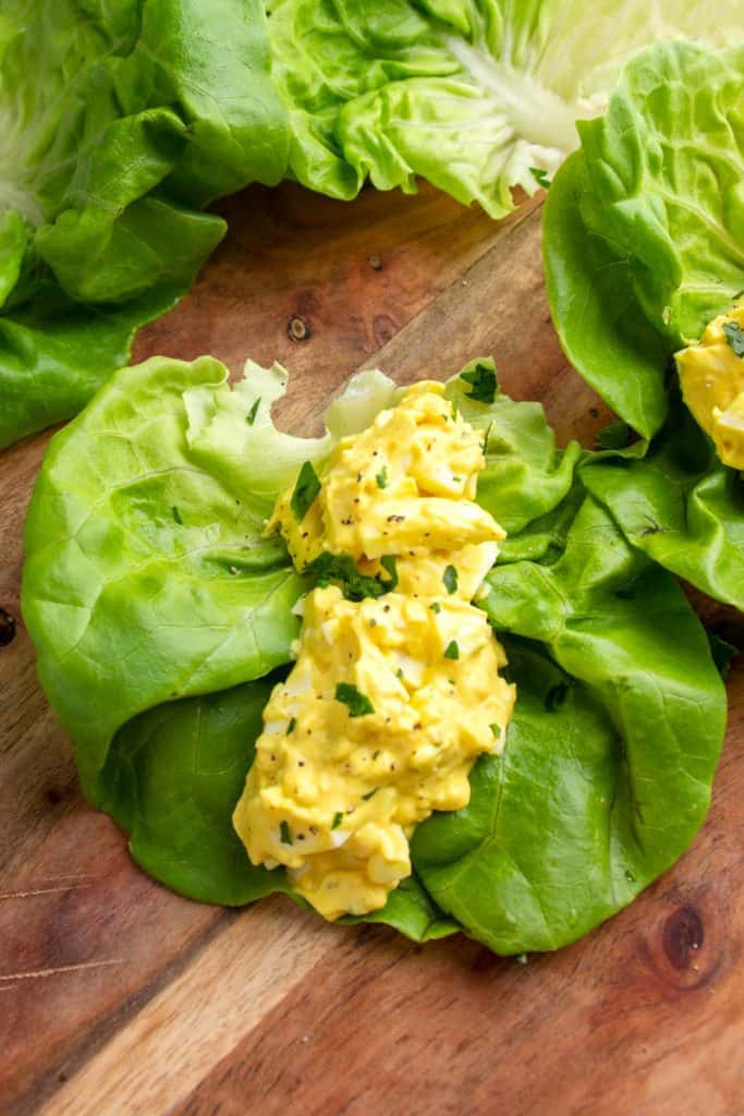 single lettuce wrap stuffed with egg salad