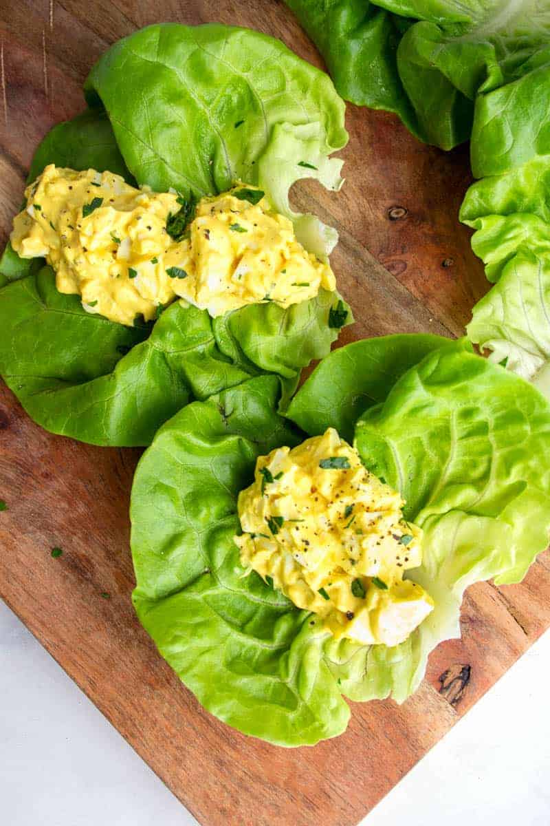 2 egg salad lettuce wraps on a platter