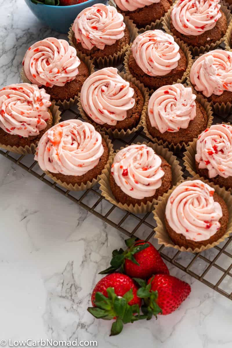 Low Carb Chocolate Cupcakes with Low Carb Strawberry Buttercream