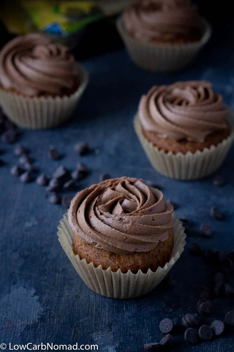 Homemade Keto vanilla cupcakes with keto chocolate buttercream