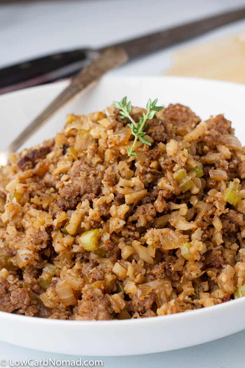 Close up photo of Keto Cauliflower stuffing with sausage