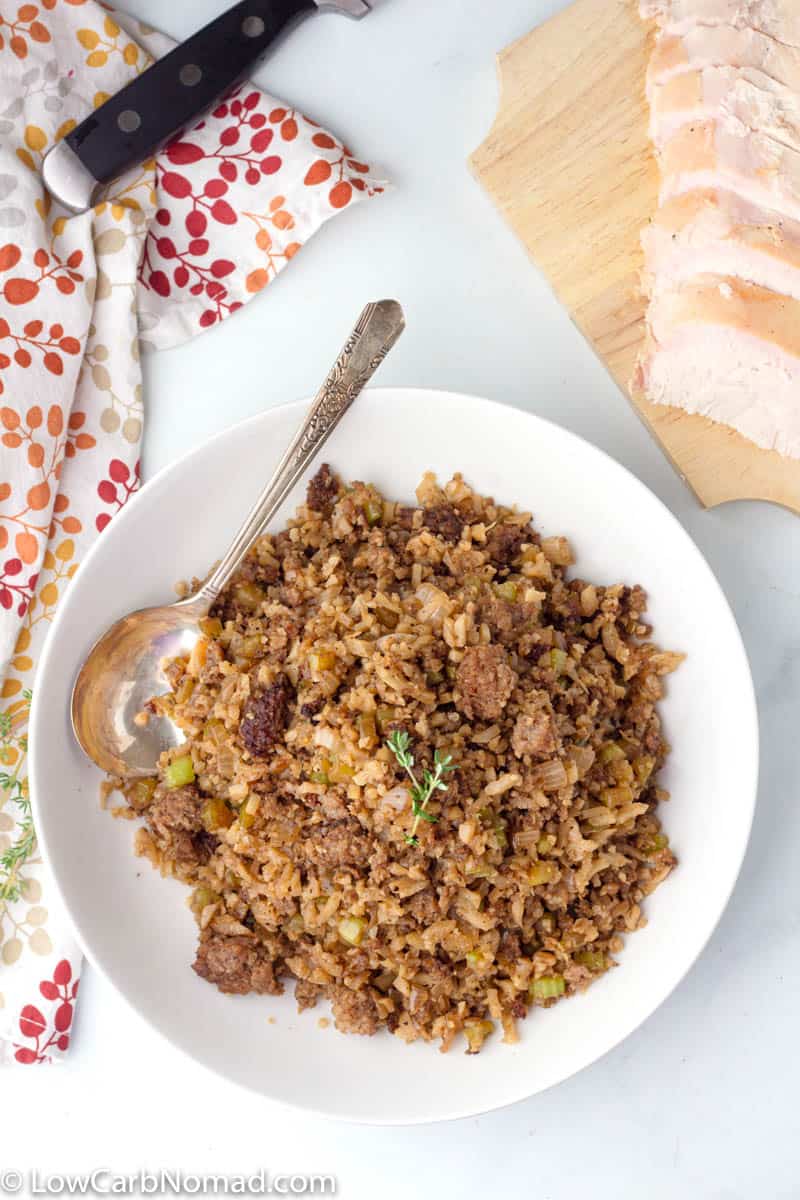 Keto Cauliflower stuffing with sausage in a bowl