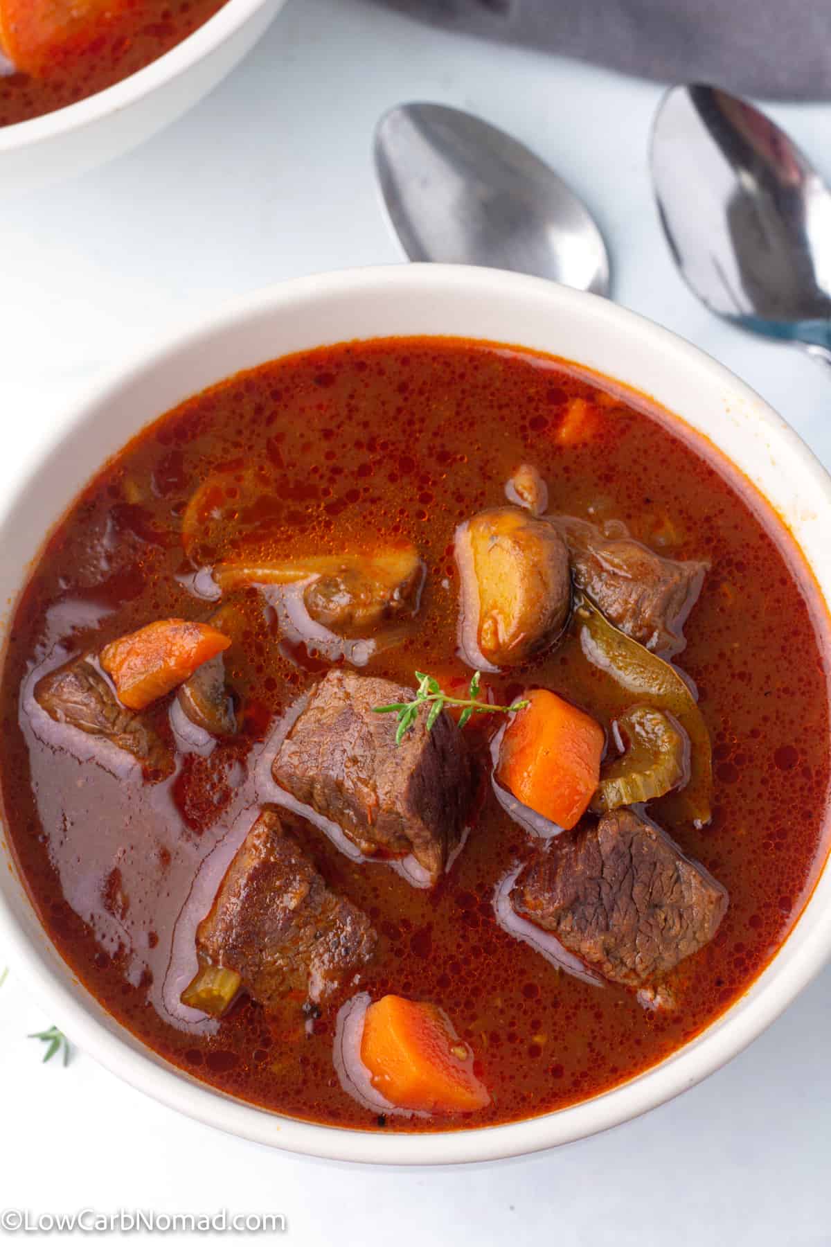 overhead close up photo of a bowl of Keto low carb beef stew