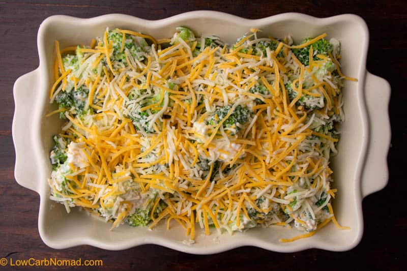 unbaked cheese and broccoli casserole in a baking dish