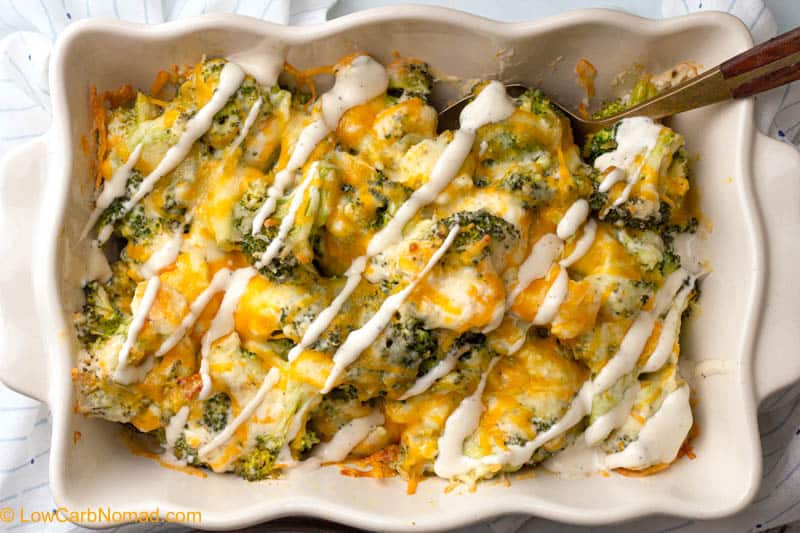 Baked cheese and broccoli casserole in a baking dish