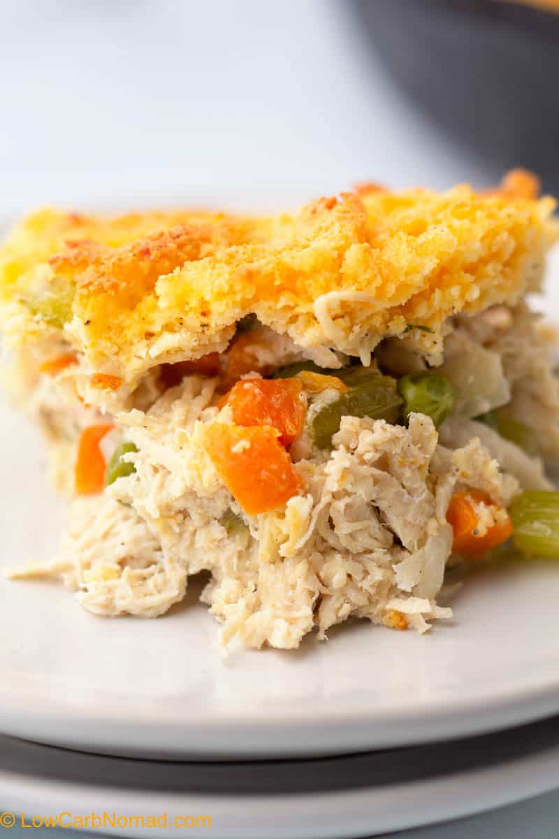 close  up photo of low carb chicken pot pie on a whit plate