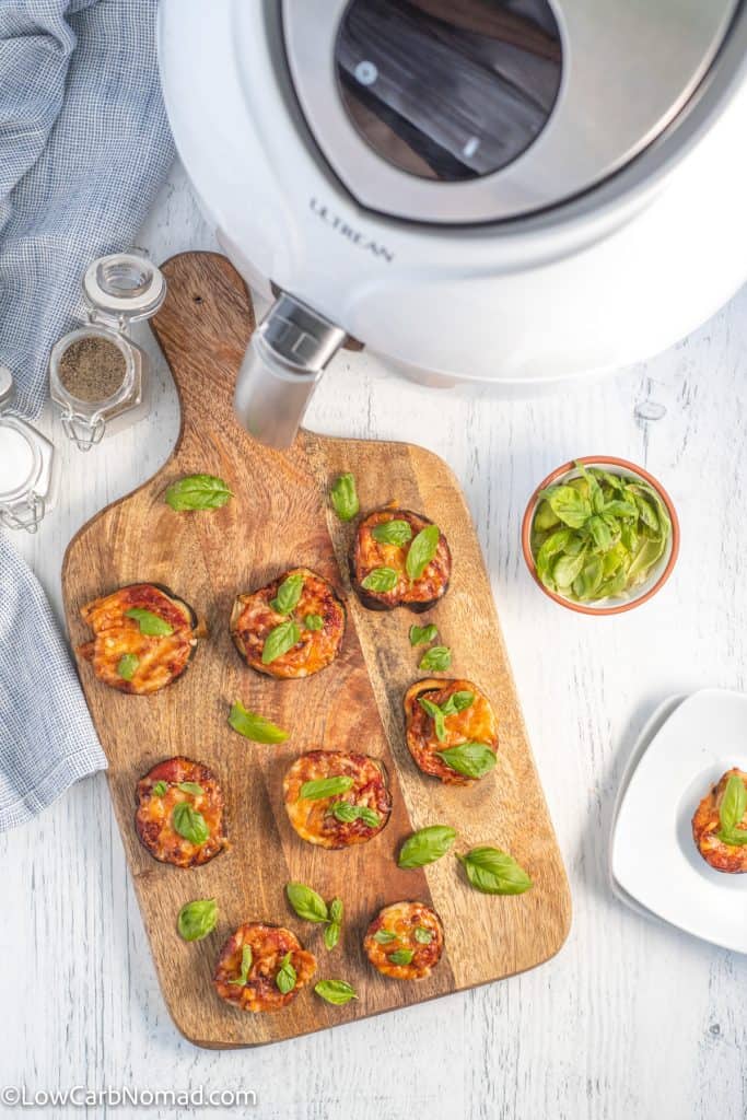 Keto low carb eggplant pizza bites on a platter