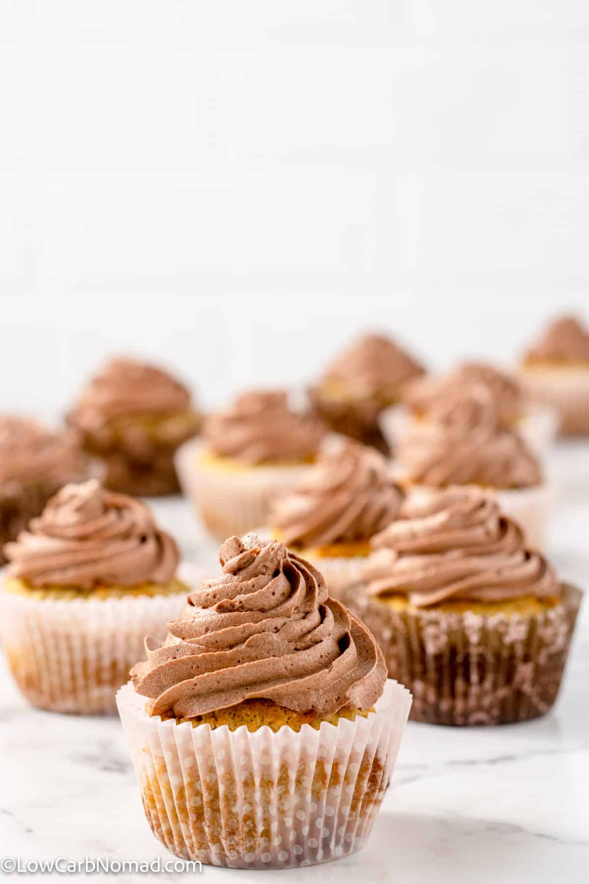 close up photo of Keto Vanilla Cupcakes with chocolate frosting