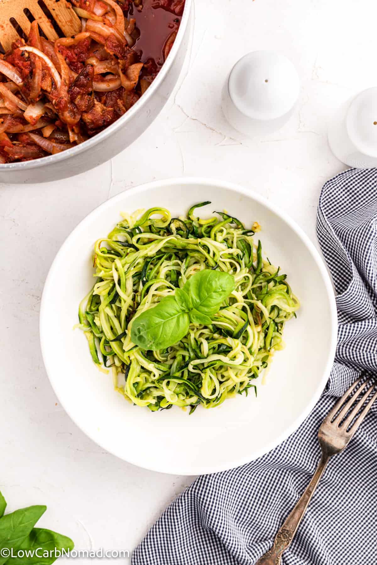 overhead photo of Low Carb Keto Homemade Zucchini Noodles Recipe in a bowl