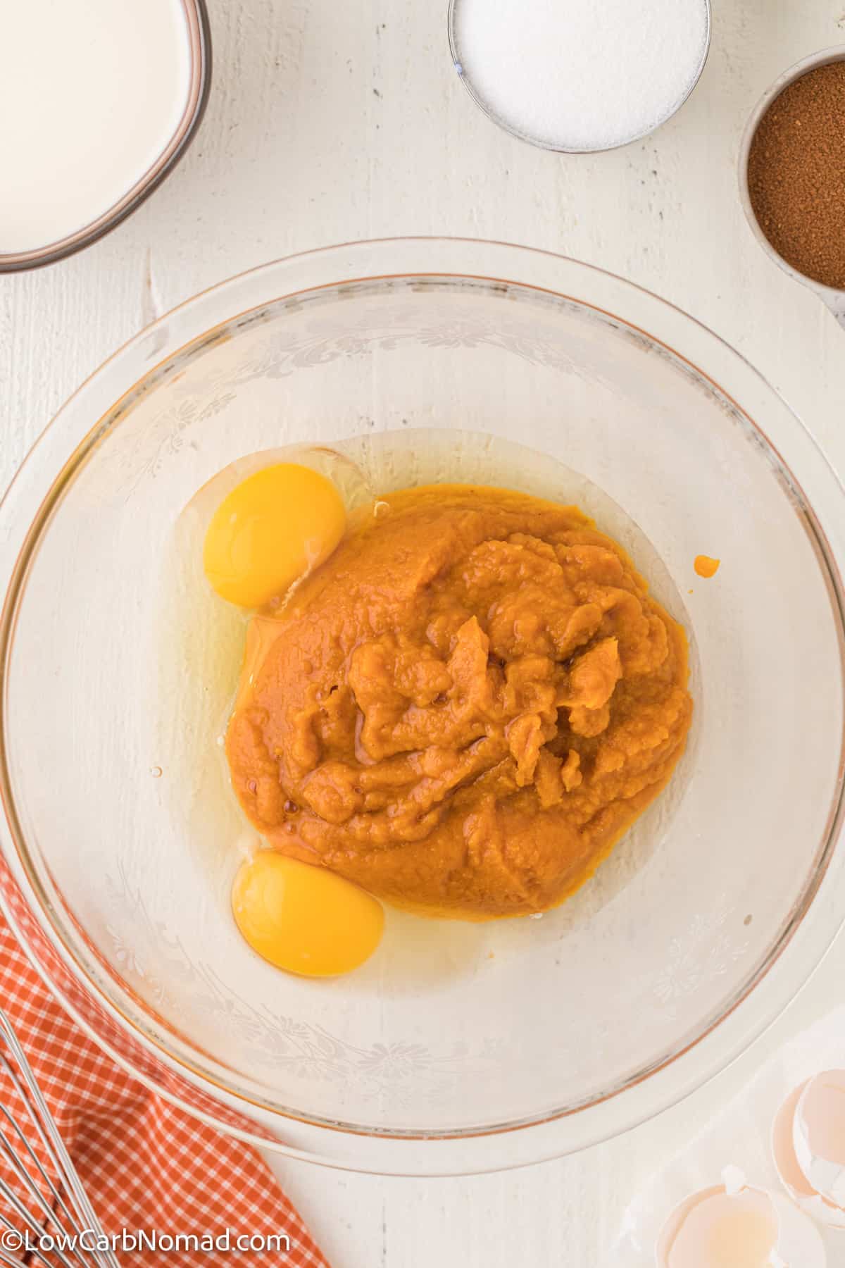 pumpkin puree and eggs in a bowl