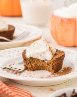 Mini Crustless Pumpkin Pie on a plate with a fork