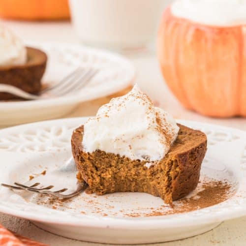 Mini Crustless Pumpkin Pie on a plate with a fork