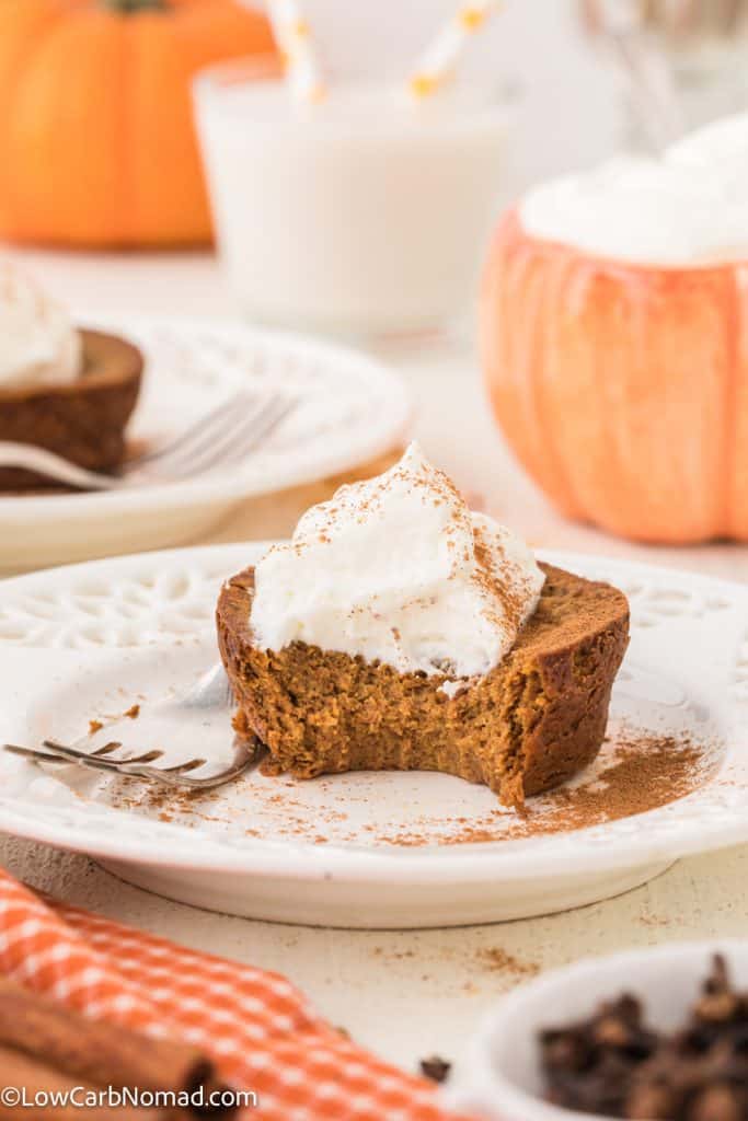 Mini Crustless Pumpkin Pie on a plate with a fork