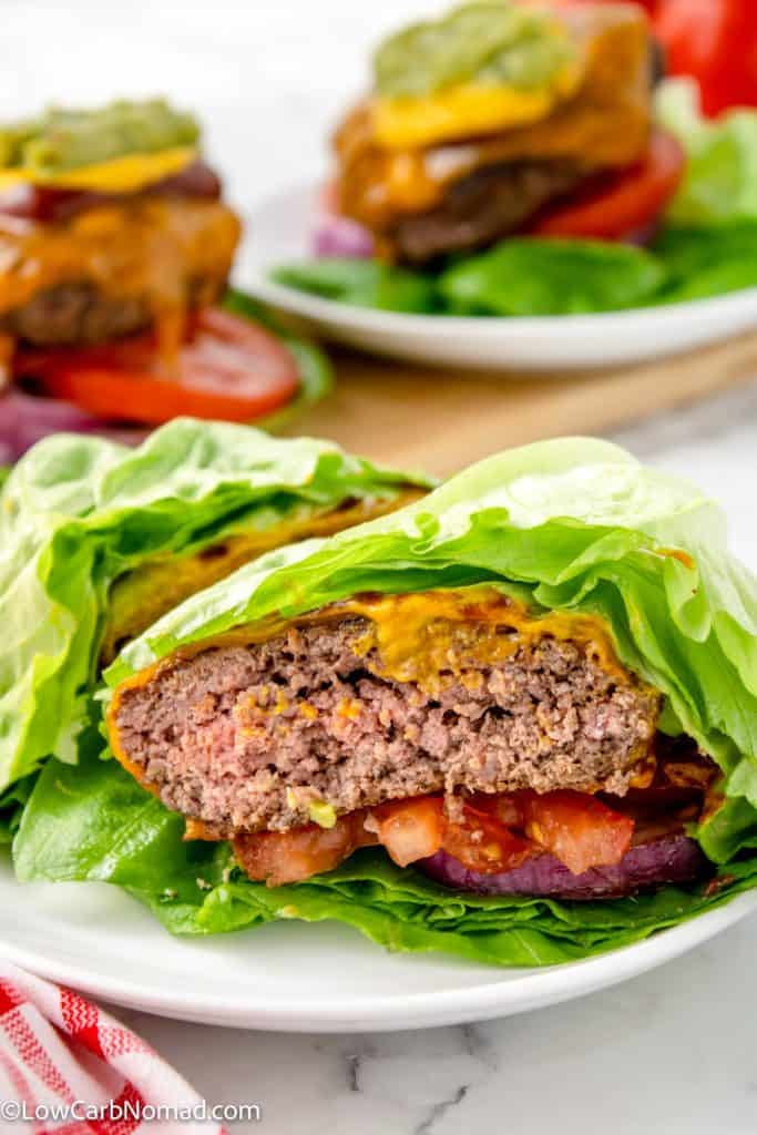 side view of keto hamburger lettuce wraps