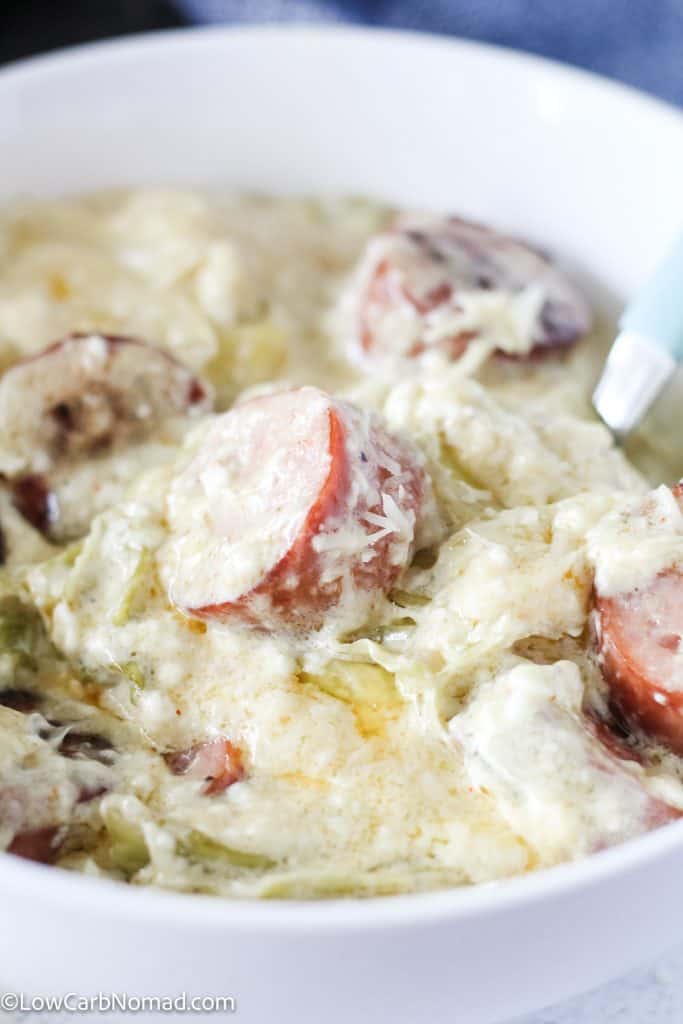 Keto Fettuccine Alfredo with Sausage and Cabbage Noodles