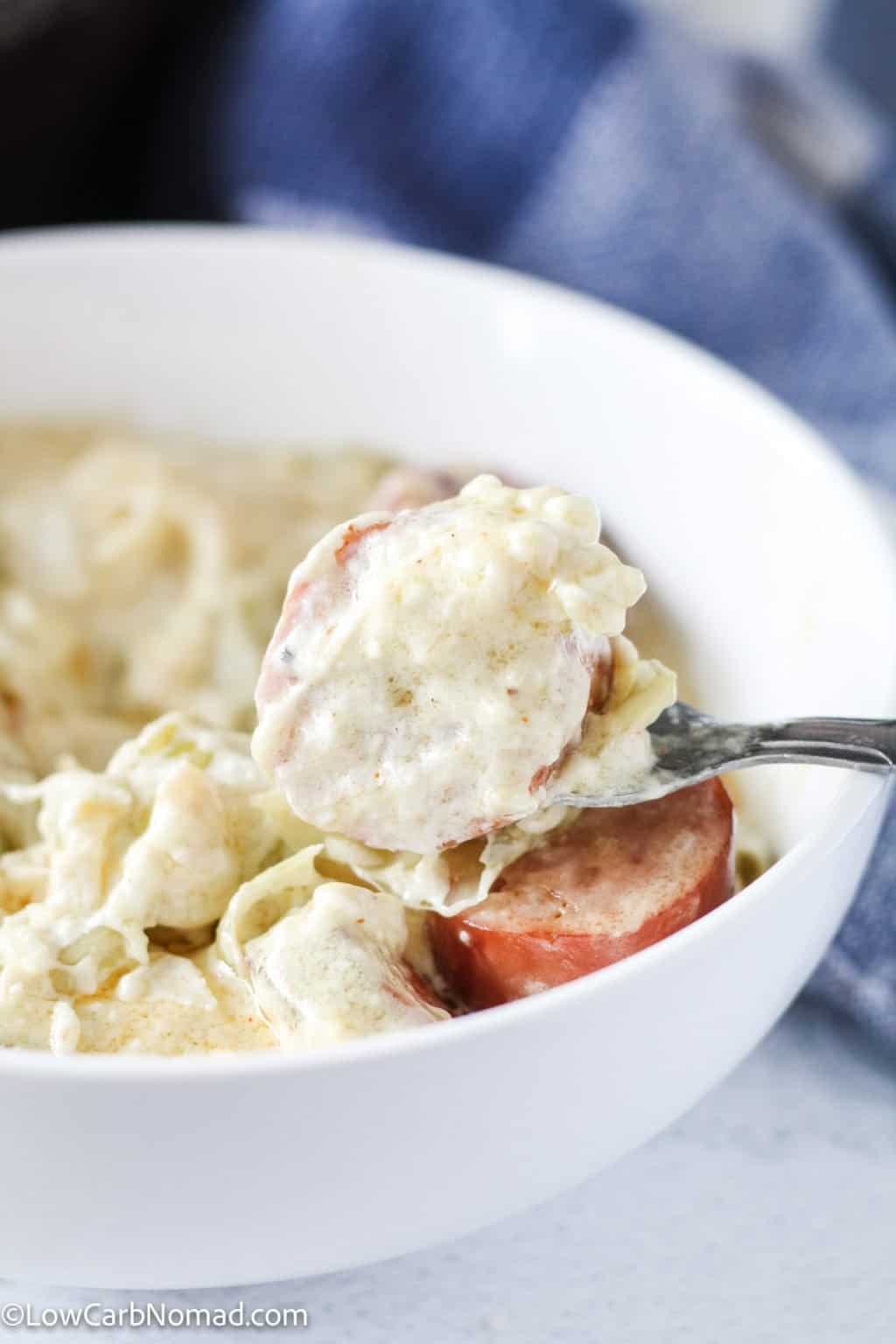 Keto Fettuccine Alfredo with Sausage and Cabbage Noodles