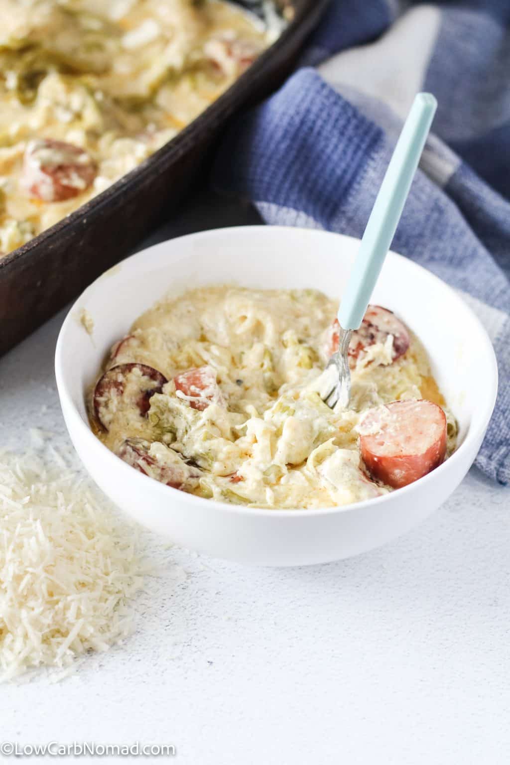Keto Fettuccine Alfredo with Sausage and Cabbage Noodles