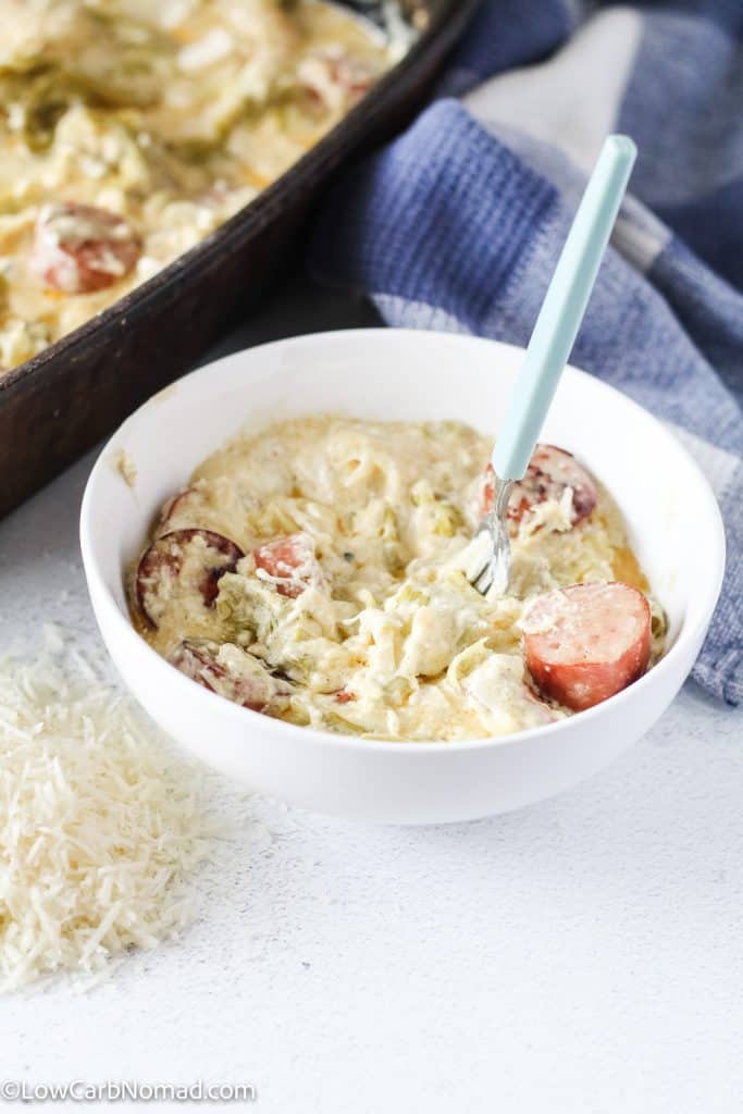 Keto Fettuccine Alfredo with Sausage and Cabbage Noodles