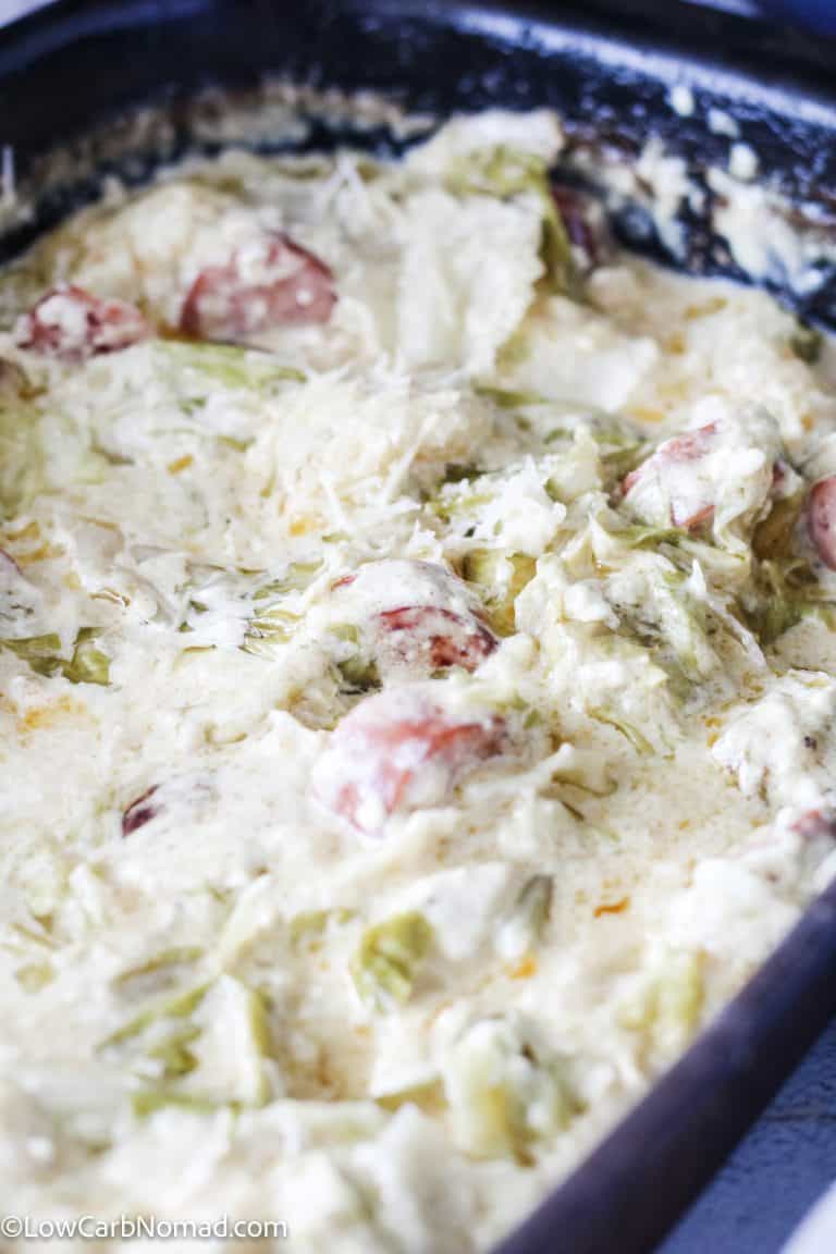 Keto Fettuccine Alfredo with Sausage and Cabbage Noodles