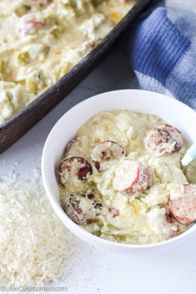 Keto Fettuccine Alfredo with Sausage and Cabbage Noodles