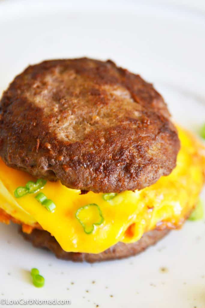 close up photo of Keto Sausage Egg and Cheese Breakfast Sandwich on a plate