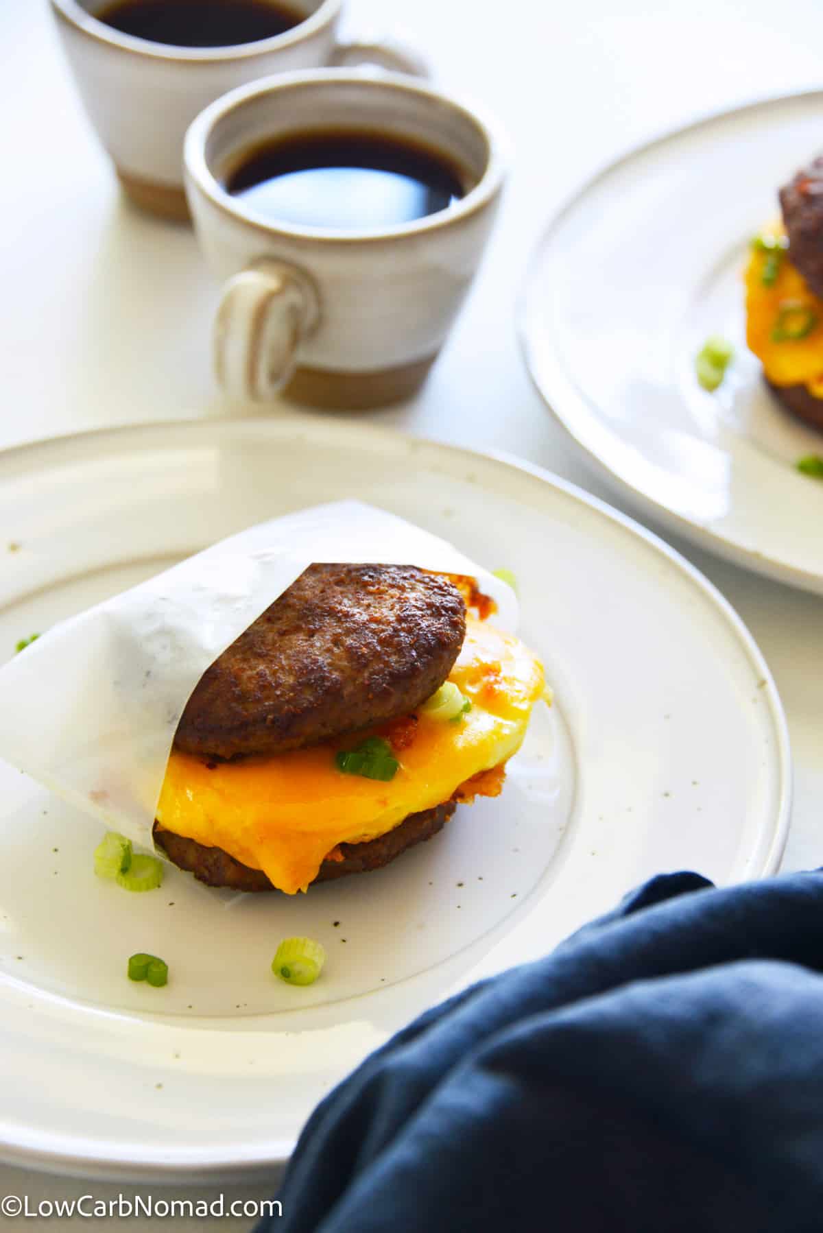 Keto Sausage Egg and Cheese Breakfast Sandwiches on a plate