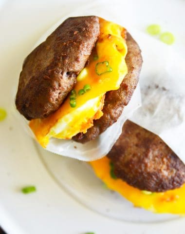 overhead photo of Keto Sausage Egg and Cheese Breakfast Sandwiches