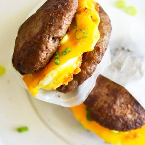 overhead photo of Keto Sausage Egg and Cheese Breakfast Sandwiches