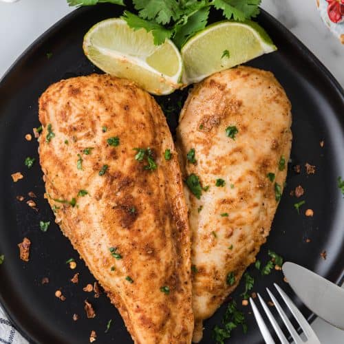 overhead of photo of Baked Chili Lime Chicken on a plate