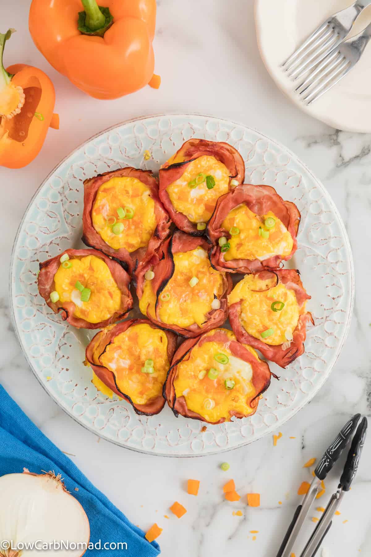 overhead photo of egg and cheese muffin cups on a plate