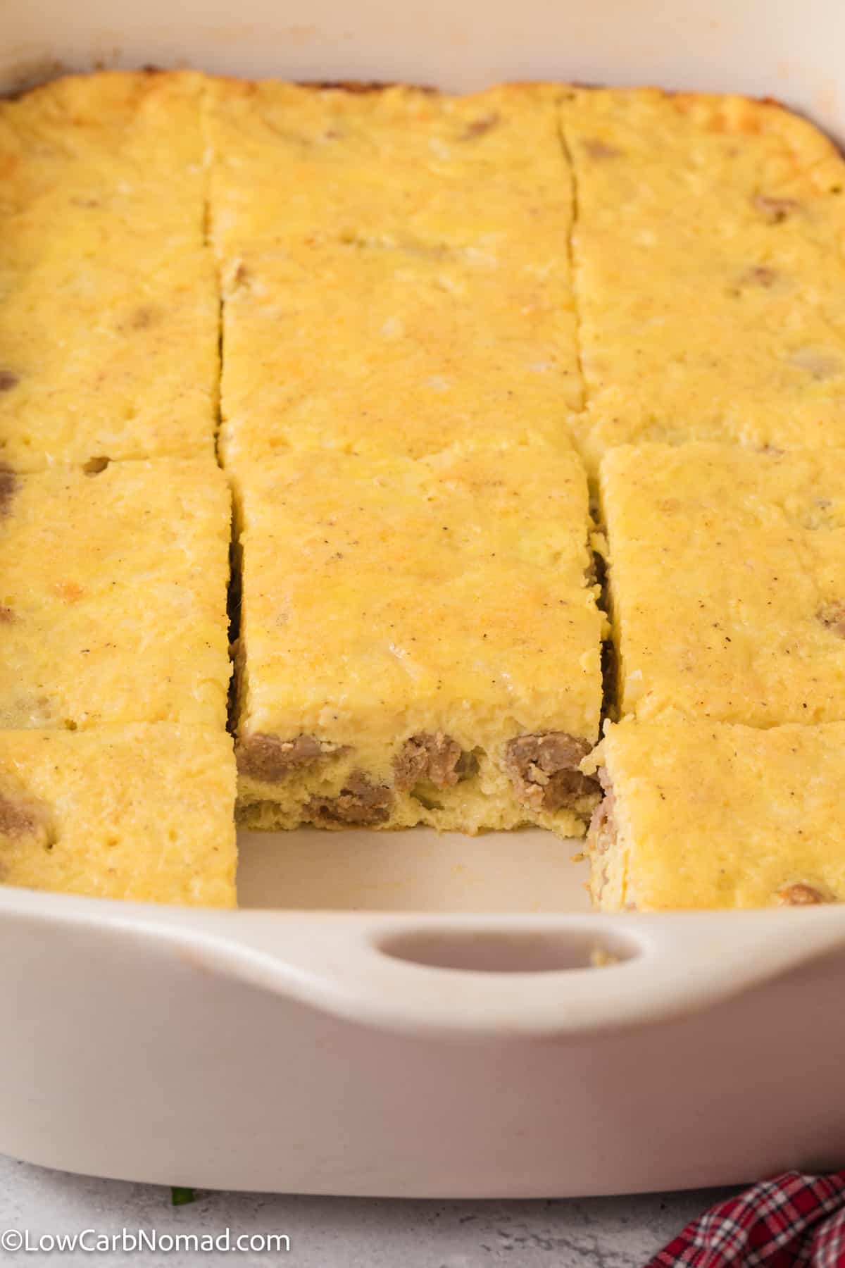 Sausage Egg and Cheese Breakfast Casserole in a casserole dish