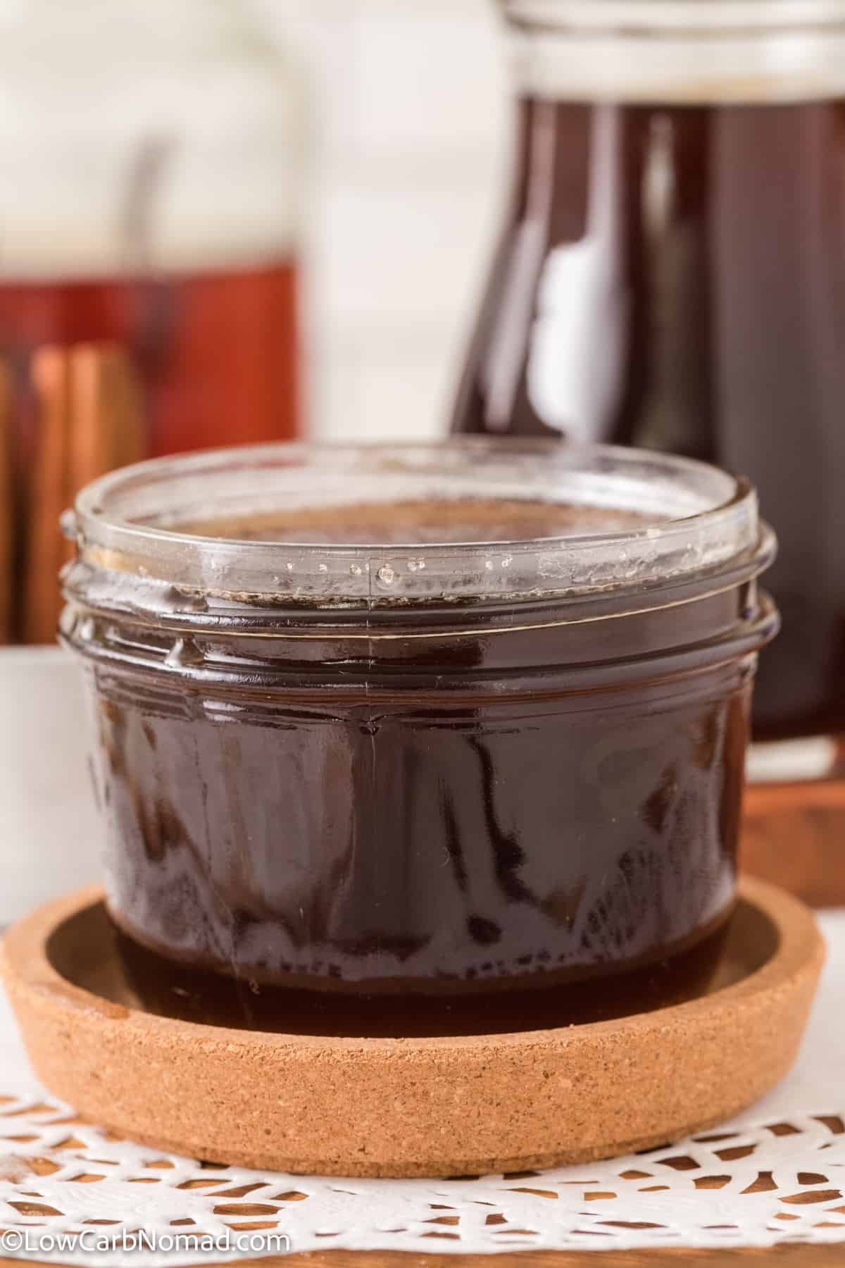 close up photo of Sugar Free Cinnamon Dolce Syrup in a mason jar