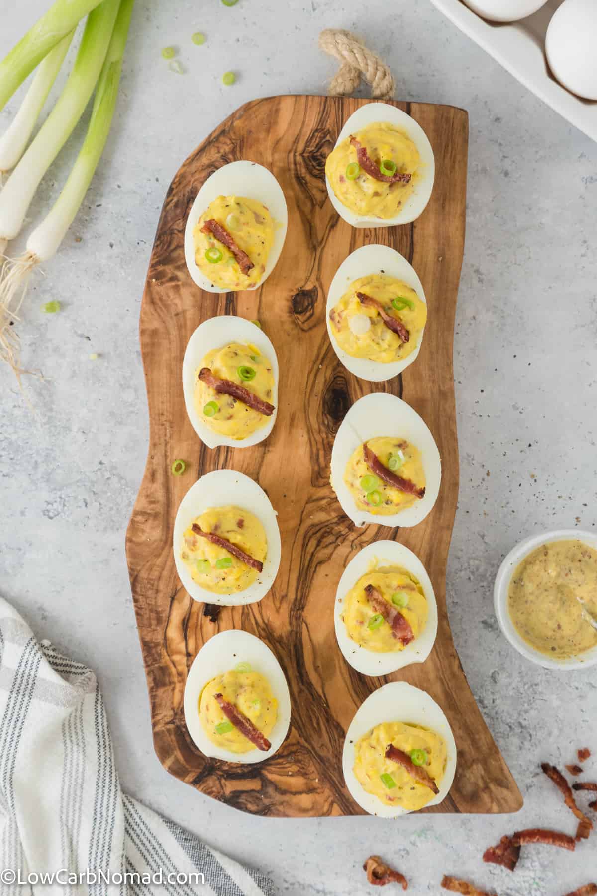 overhead photo of Bacon Deviled Eggs Recipe on a platter