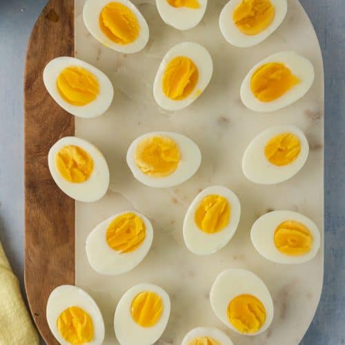 overhead photo of Jammy Eggs on a tray