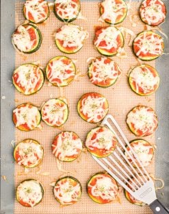 overhead photo of Zucchini Pizza Bites on a baking sheet